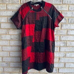 Hache Short Sleeve Crew Neck Wool Blend Black/Red Geo Dress Women's Size 36 (8)